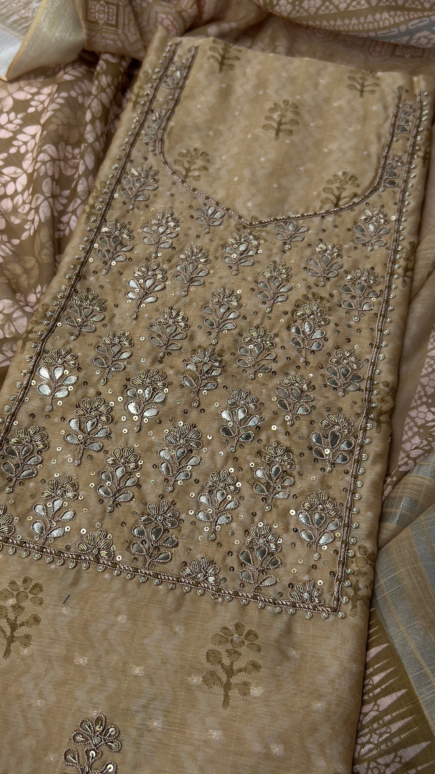 Beige Chanderi Silk With Linen Dupatta