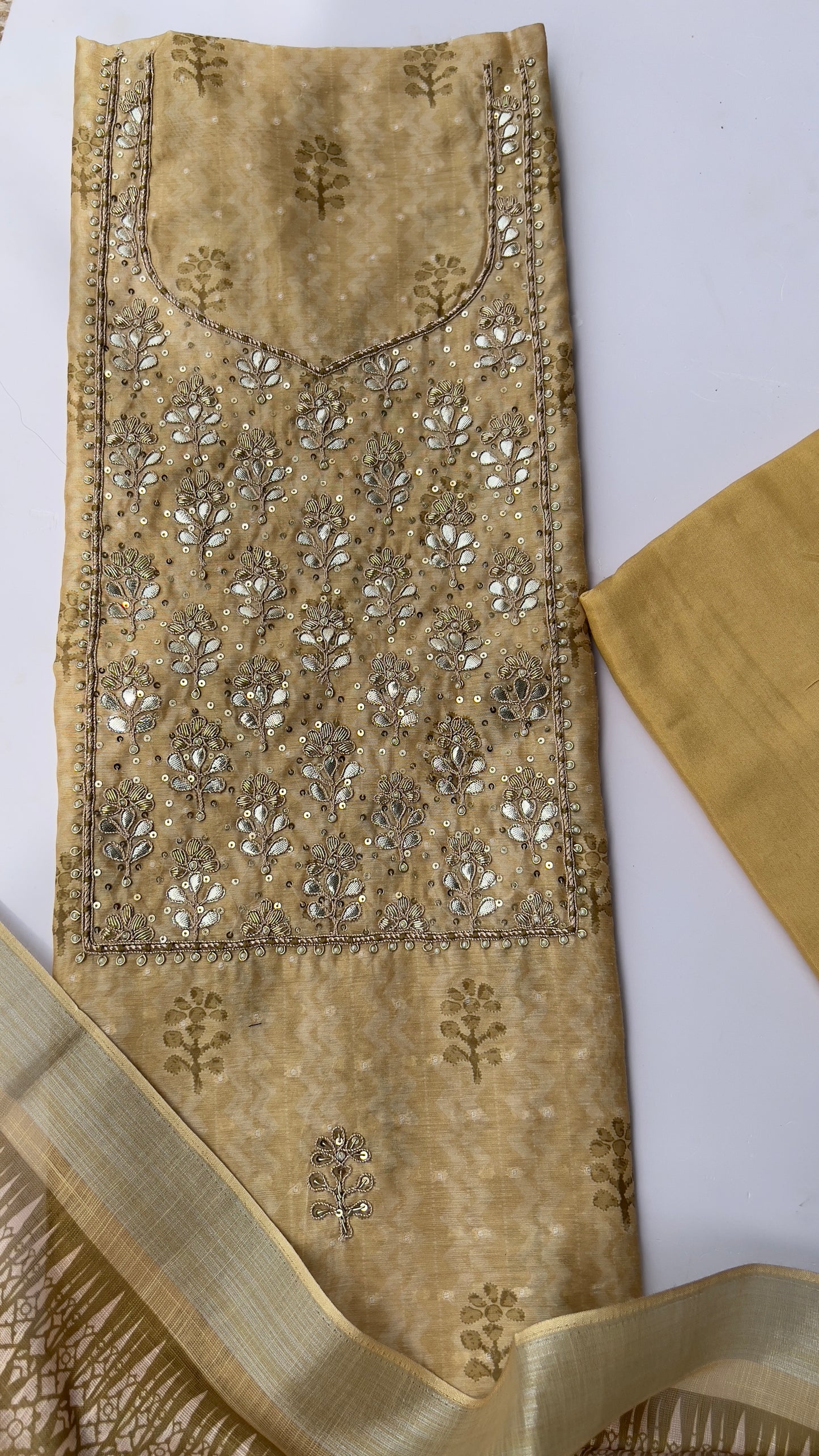 Beige Chanderi Silk With Linen Dupatta