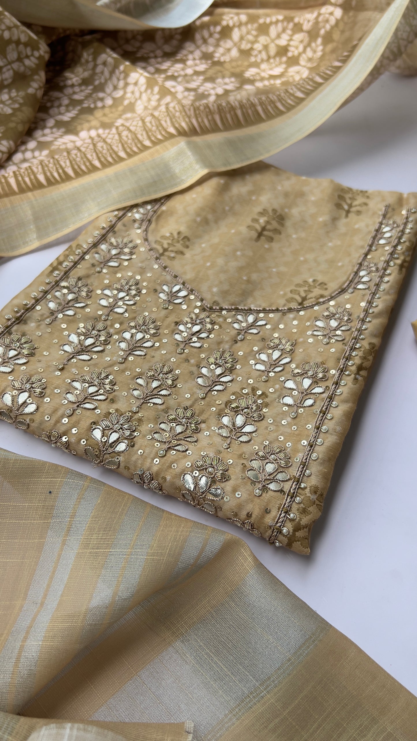 Beige Chanderi Silk With Linen Dupatta