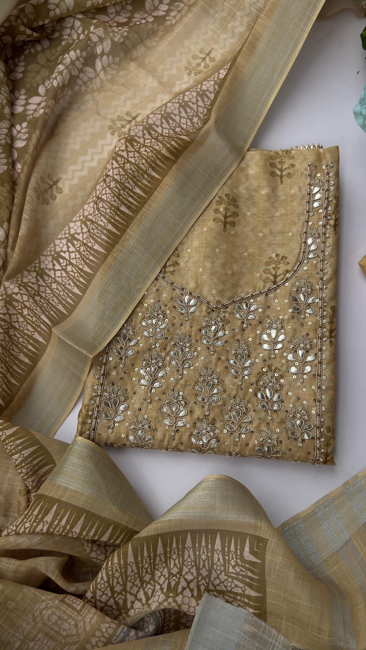 Beige Chanderi Silk With Linen Dupatta