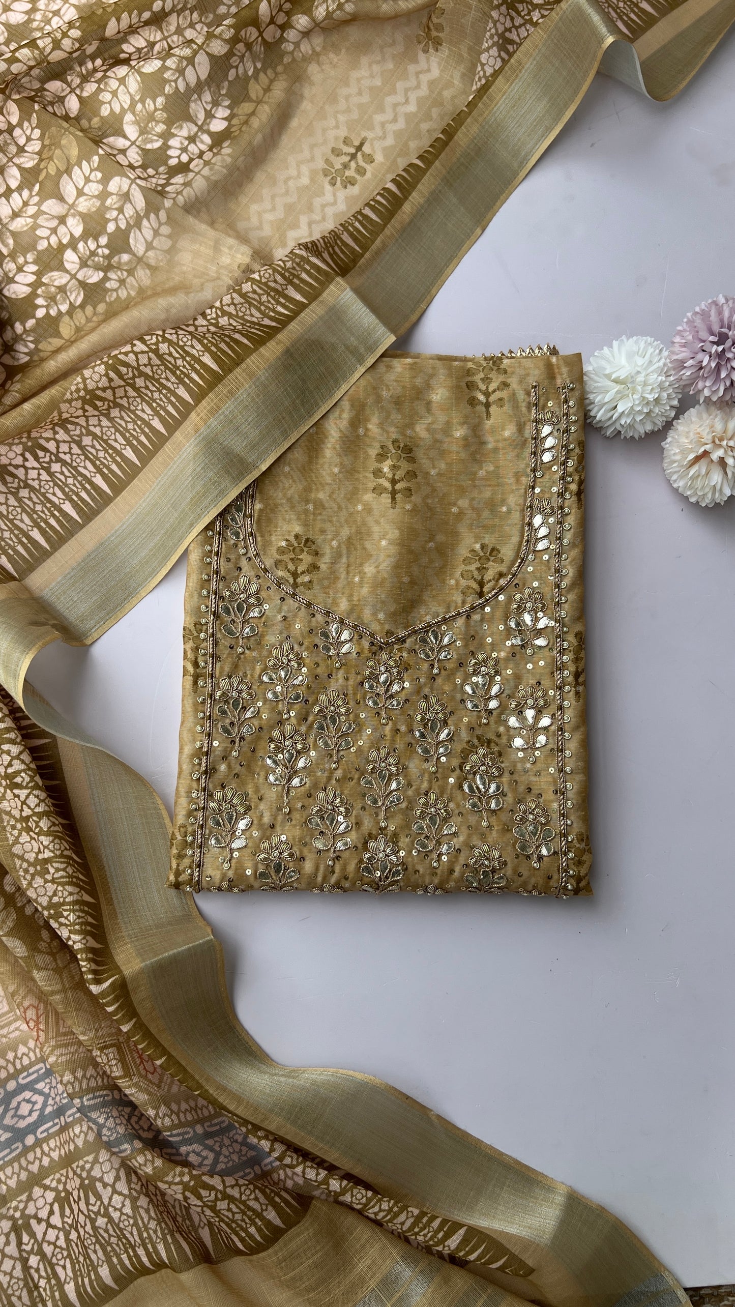 Beige Chanderi Silk With Linen Dupatta