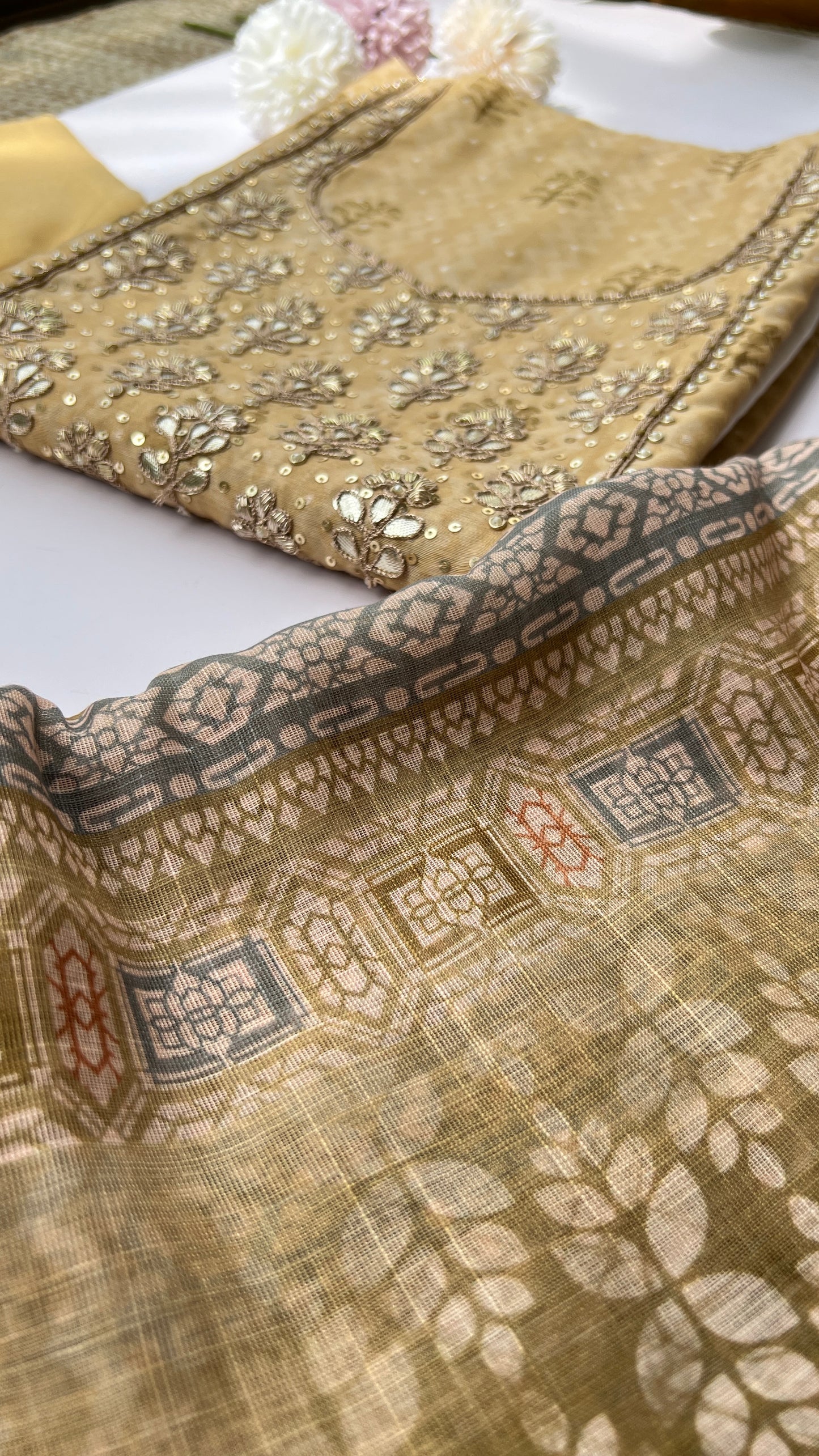 Beige Chanderi Silk With Linen Dupatta