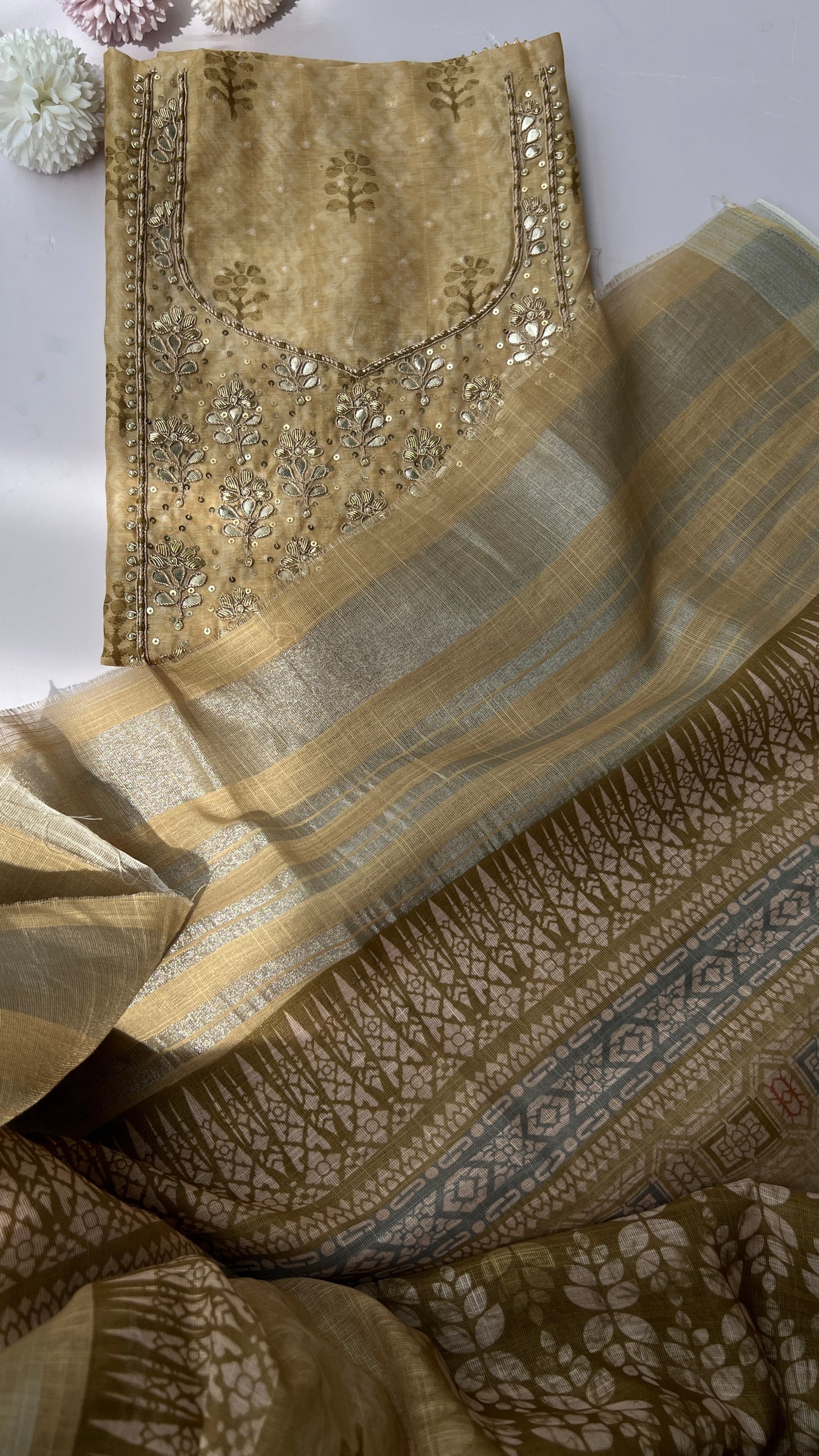 Beige Chanderi Silk With Linen Dupatta