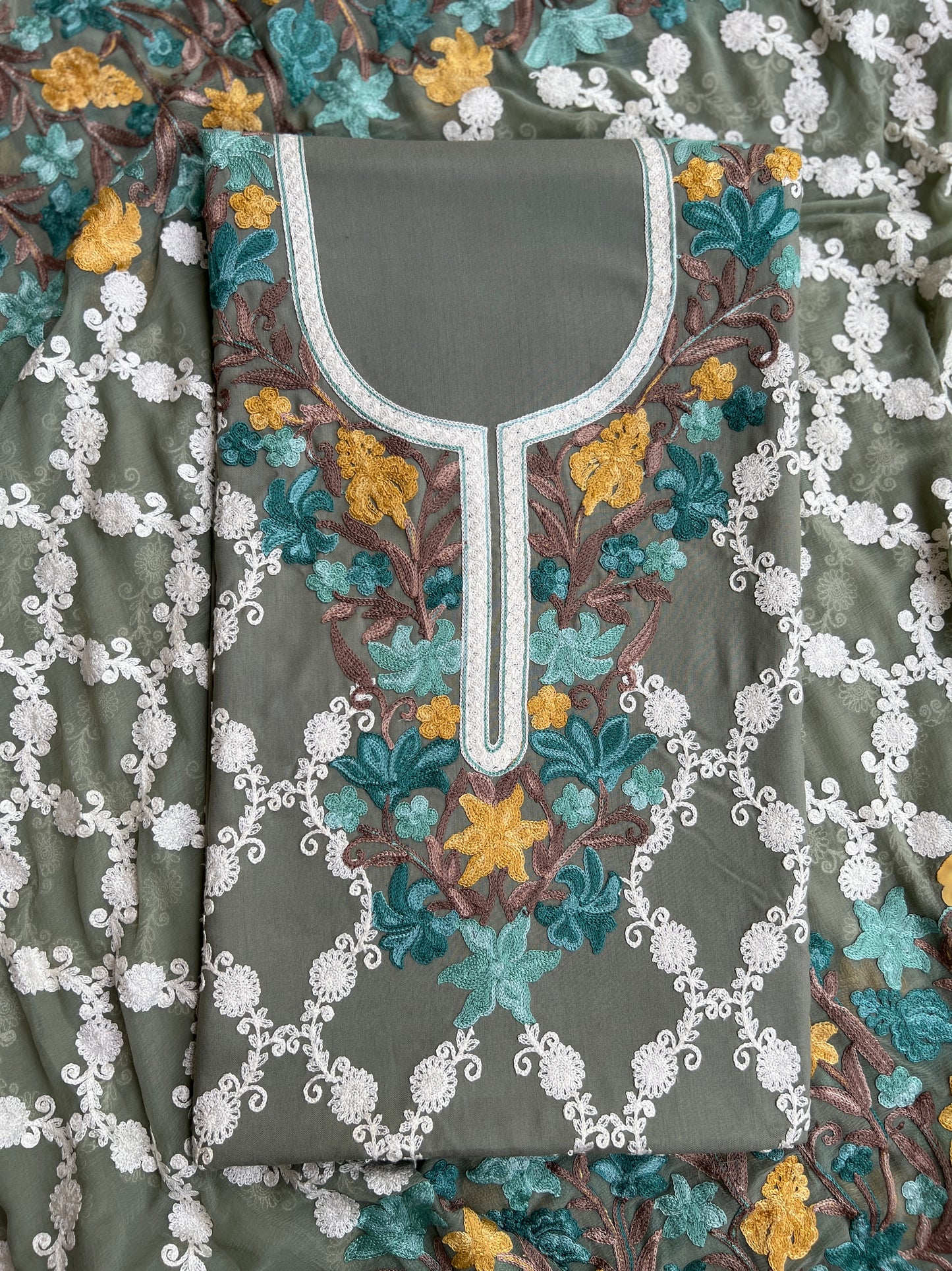 Olive Green Kashmiri Aari Embroidery