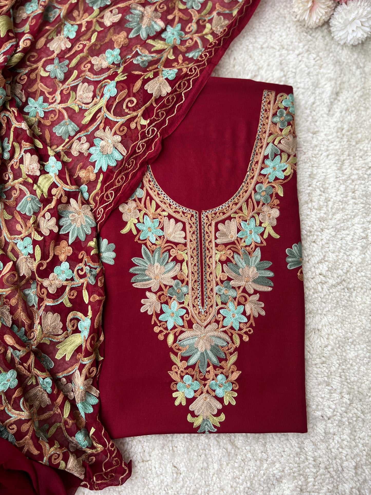 Elegant Maroon Kashmiri Aari Embroiderery