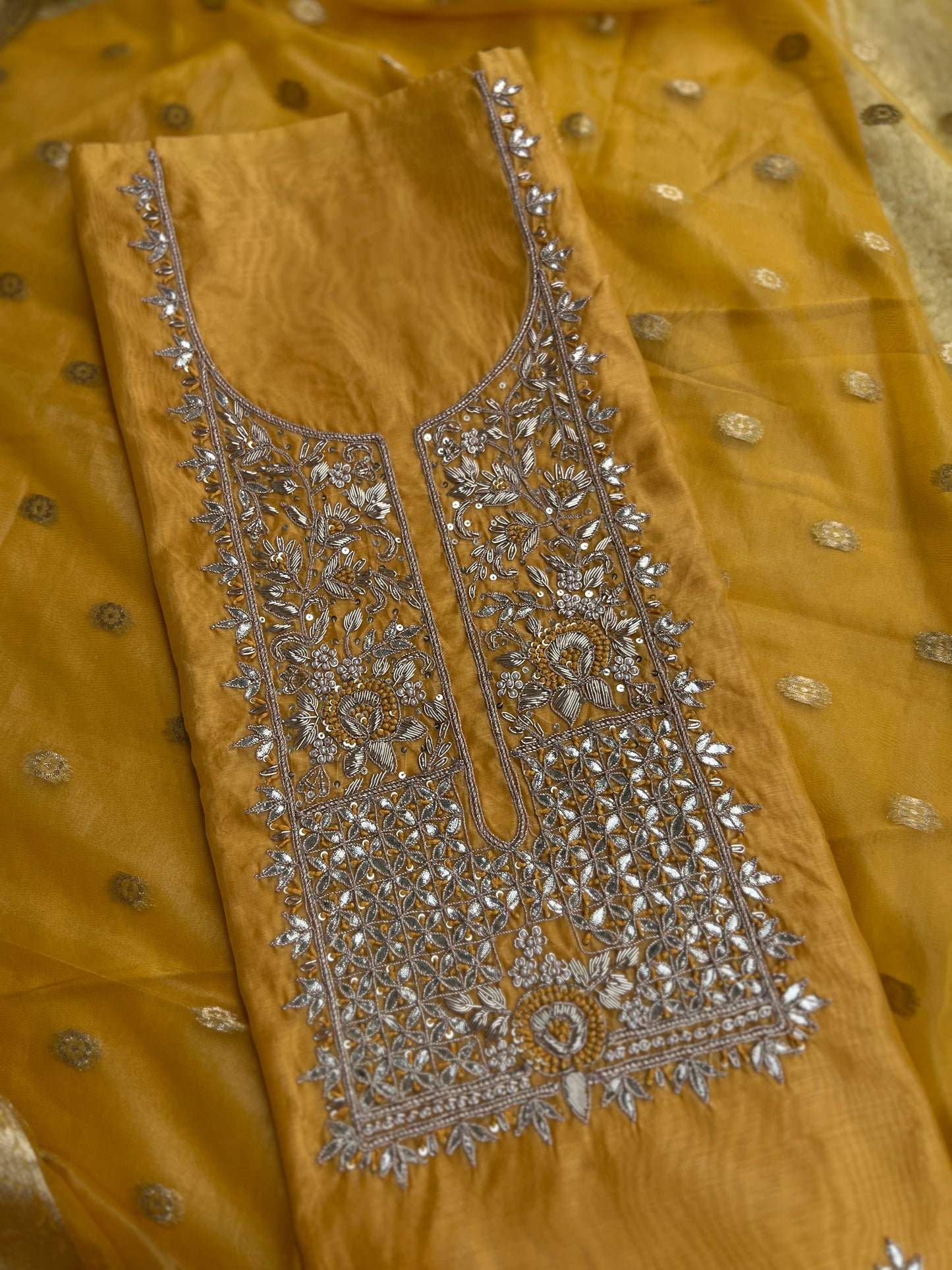 Yellow Handwork Unstiched Suit