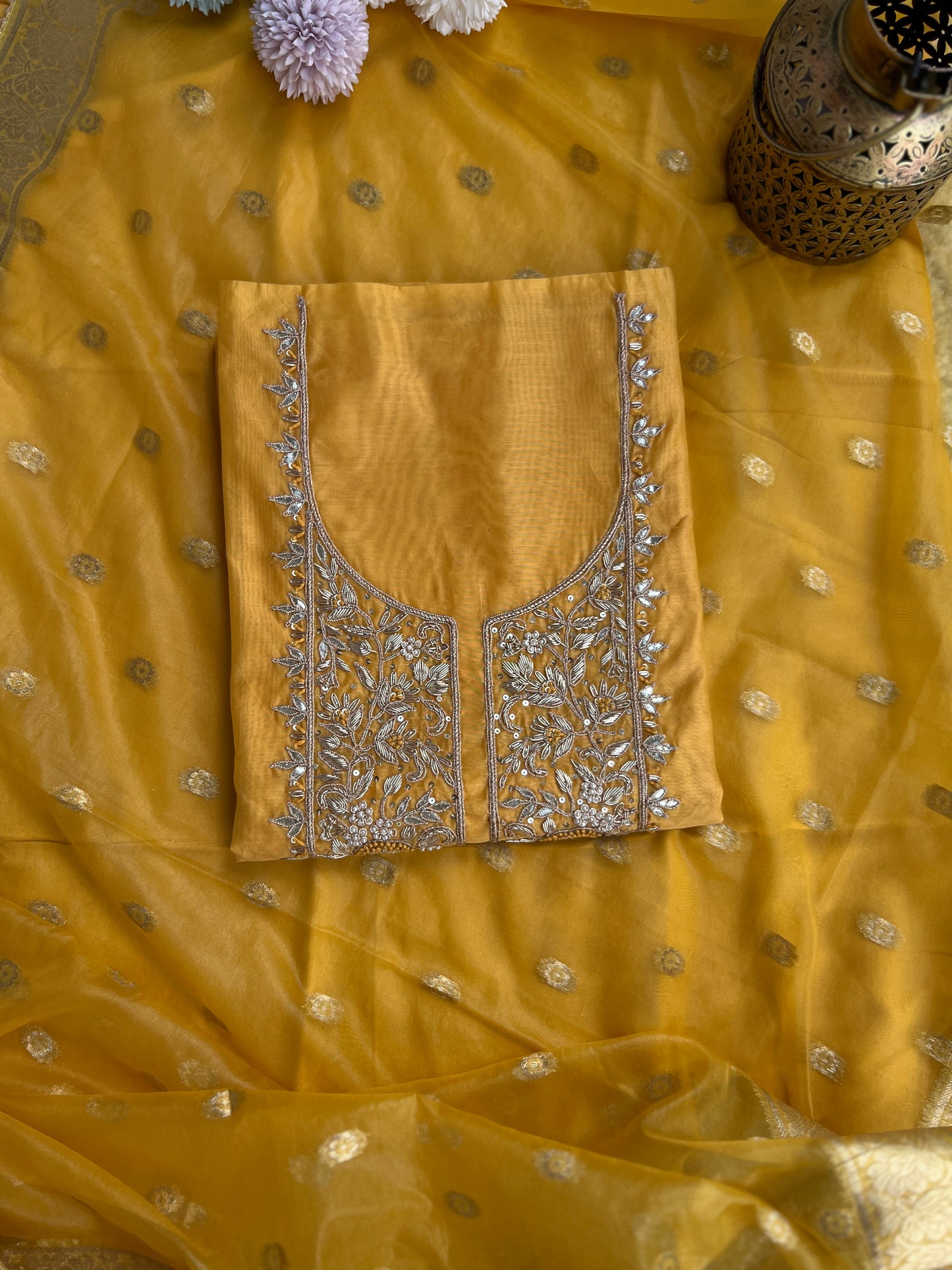 Yellow Handwork Unstiched Suit