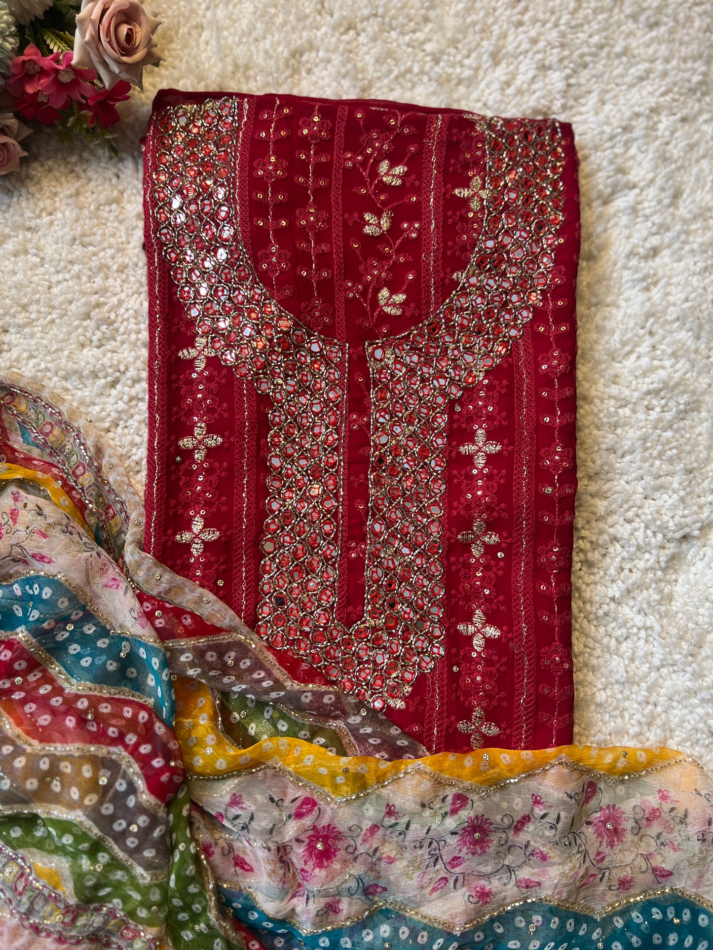 Red Chikankari Handwork