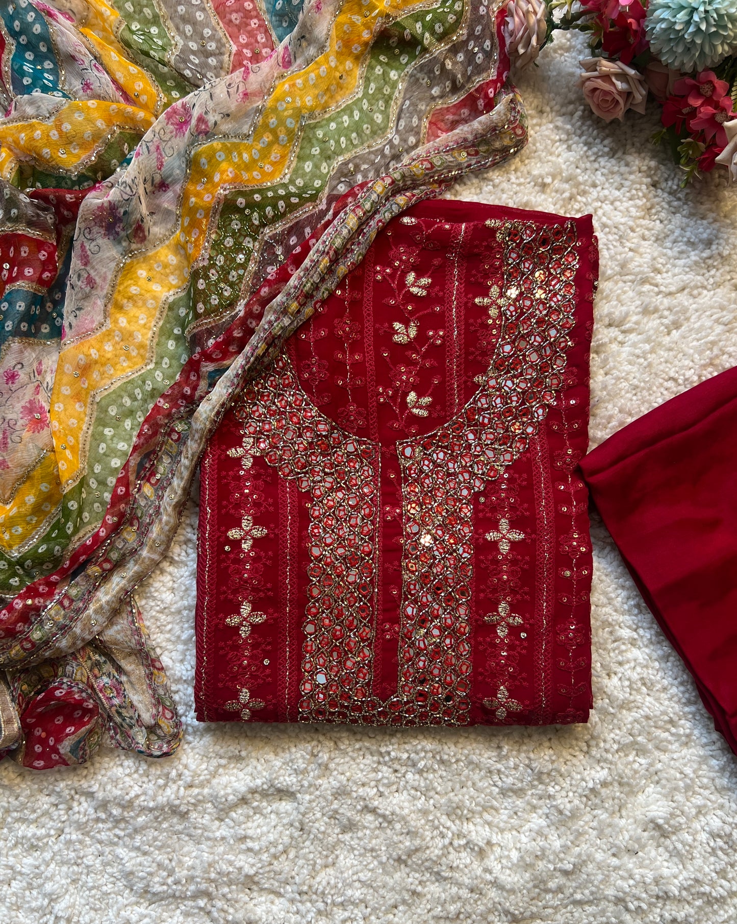 Red Chikankari Handwork