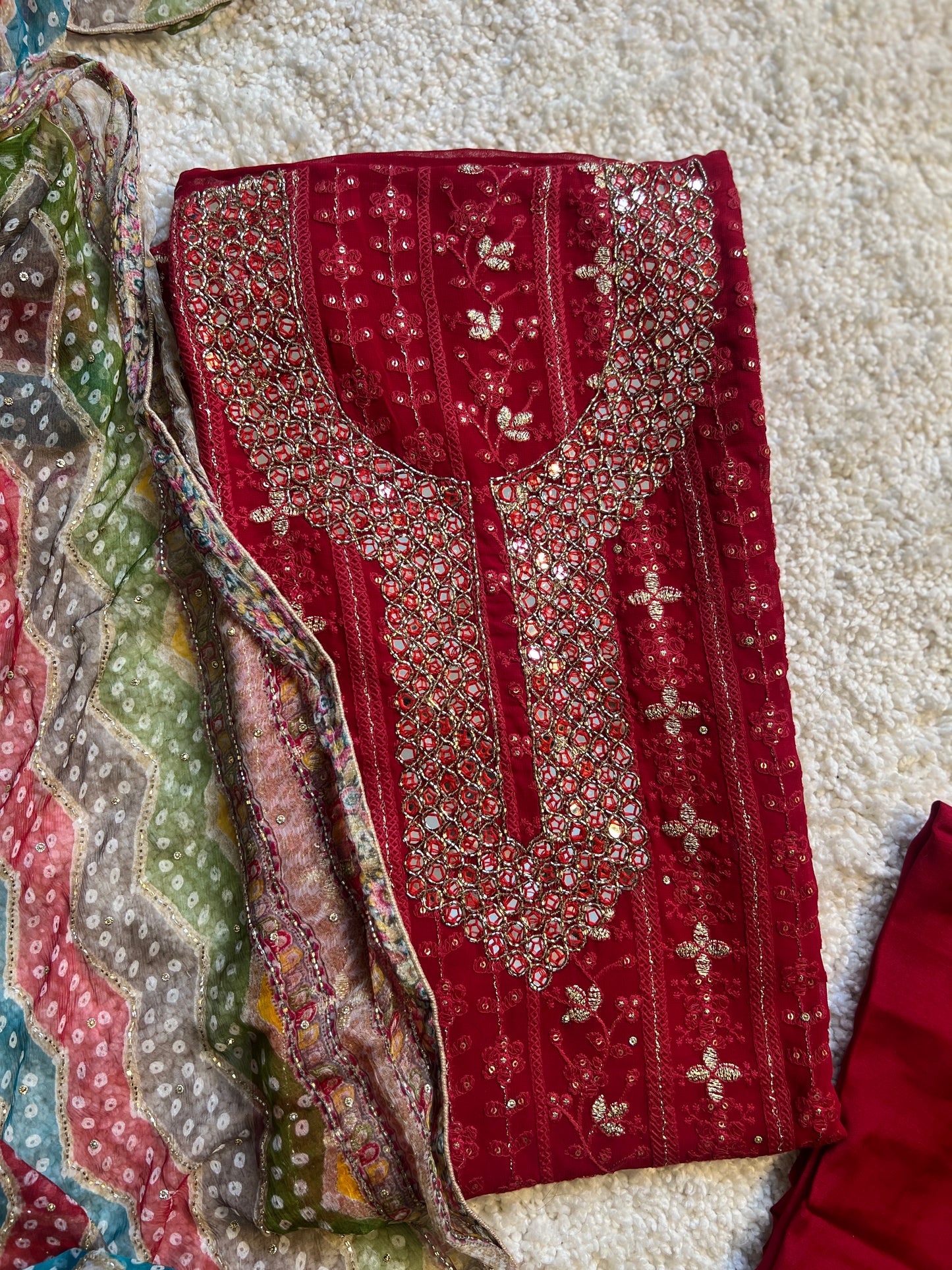 Red Chikankari Handwork