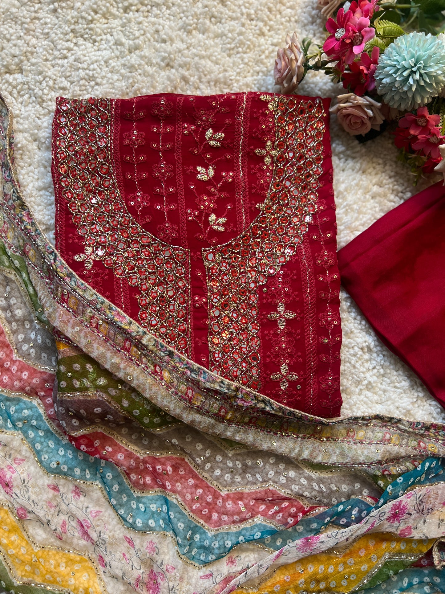 Red Chikankari Handwork