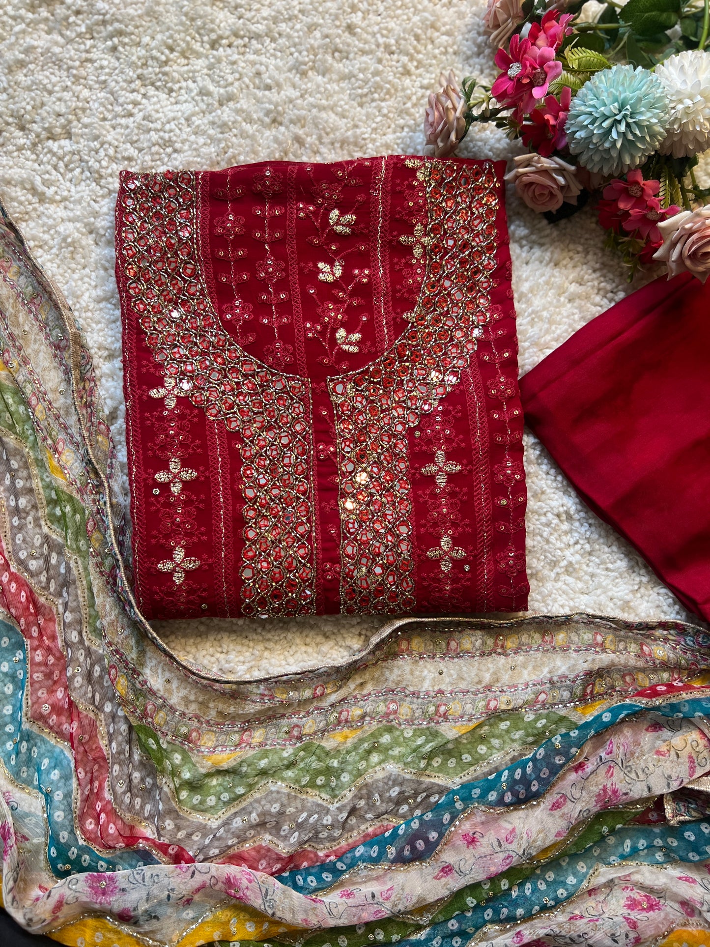 Red Chikankari Handwork