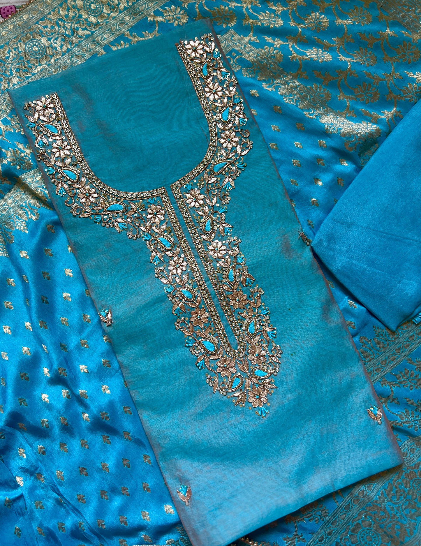 Misty Blue Handwork Chanderi